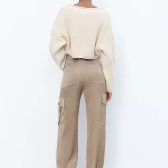 NWT Zara LARGE Satin Effect High Waisted Cargo Pants Sand Light Brown - Picture 9 of 15